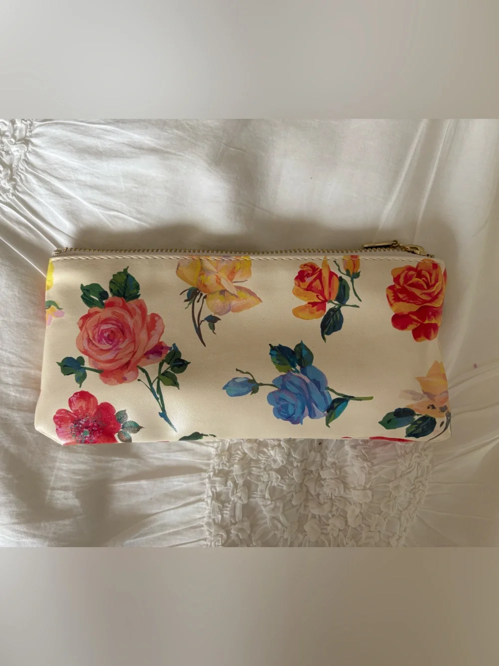 Cream Floral Zip Cosmetic Pouch - Multicolor Roses